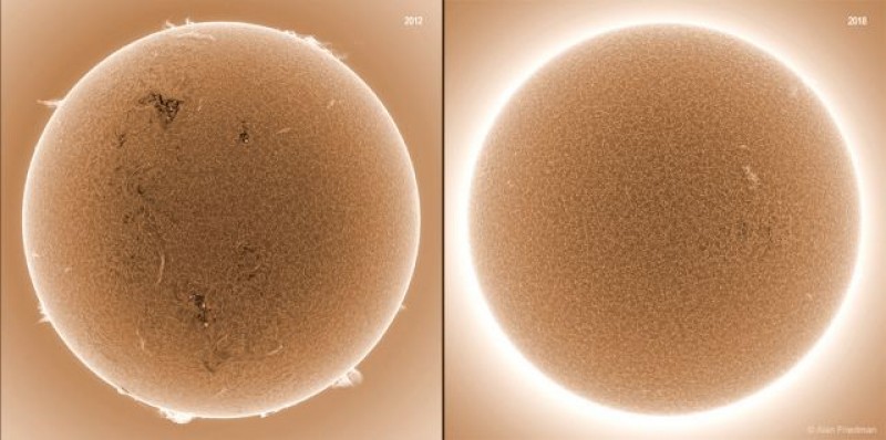 Imagens registradas pelo satélite SDO, da NASA. No registro de 2012 a estrela era uma máquina de explosões solares e as proeminências dominavam a borda da estrela. Na cena de 2018 o Sol é uma bola lisa, sem nenhuma anomalia significativa.